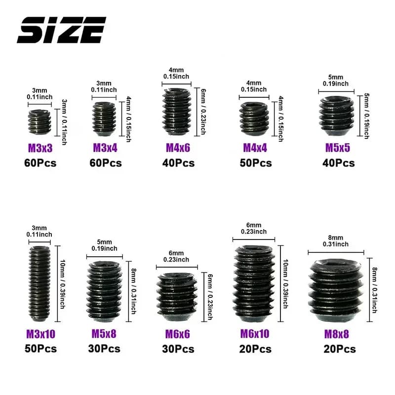 Grub Screws Set | M3-M8 Hex Socket Grade 12.9 Carbon Steel | 400pc Assortment - Thumbnail 4