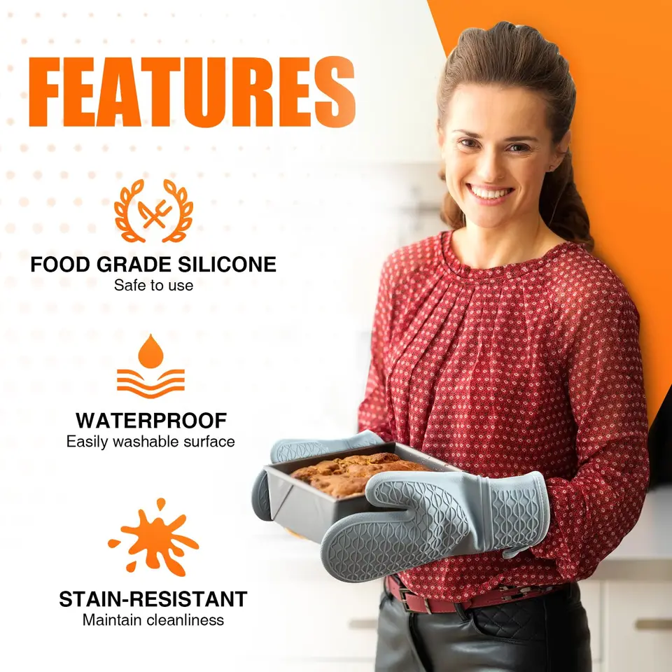 Heat Resistant Oven Gloves | Silicone, Cotton Lined | Non-Slip Grip, BBQ - Thumbnail 4
