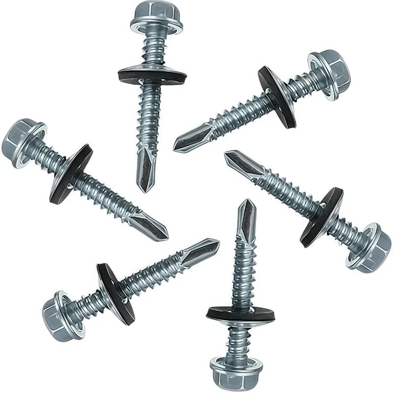 Deck screws 4.8x38mm: multiple identical self-drilling screws with washers on a white background.