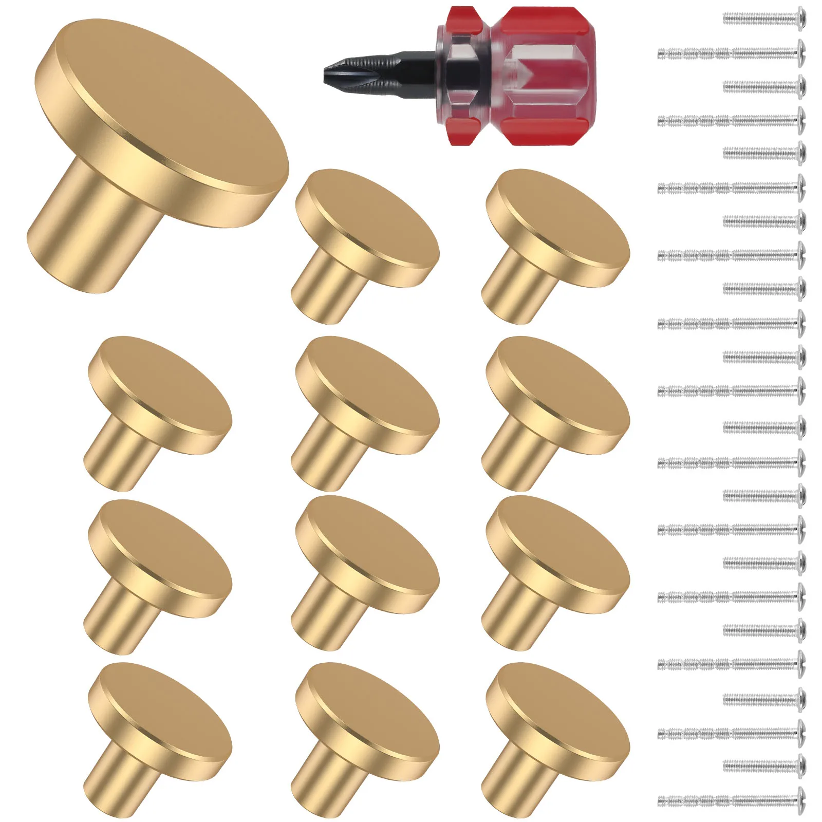 Set of 12 antique brass cabinet knobs for kitchen drawers, dressers, and bathroom cabinets with round drawer pulls.
