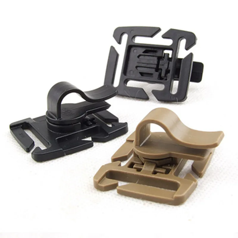 Rotatable drinking tube clip for MOLLE hydration packs, securing a hydration bladder hose to webbing on a backpack or tactical vest.