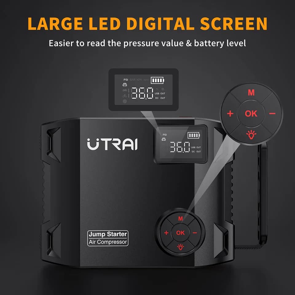 UTRAI Jump Starter | 2000A Power Bank & 150PSI Air Compressor | 12V Tyre Inflator - Thumbnail 6