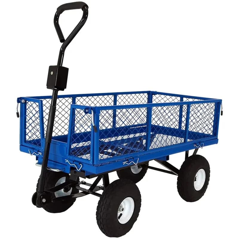 Heavy Duty Home Garden Wagon Cart with four pneumatic tires and a foldable steel frame, ideal for transporting soil, plants, and yard debris.