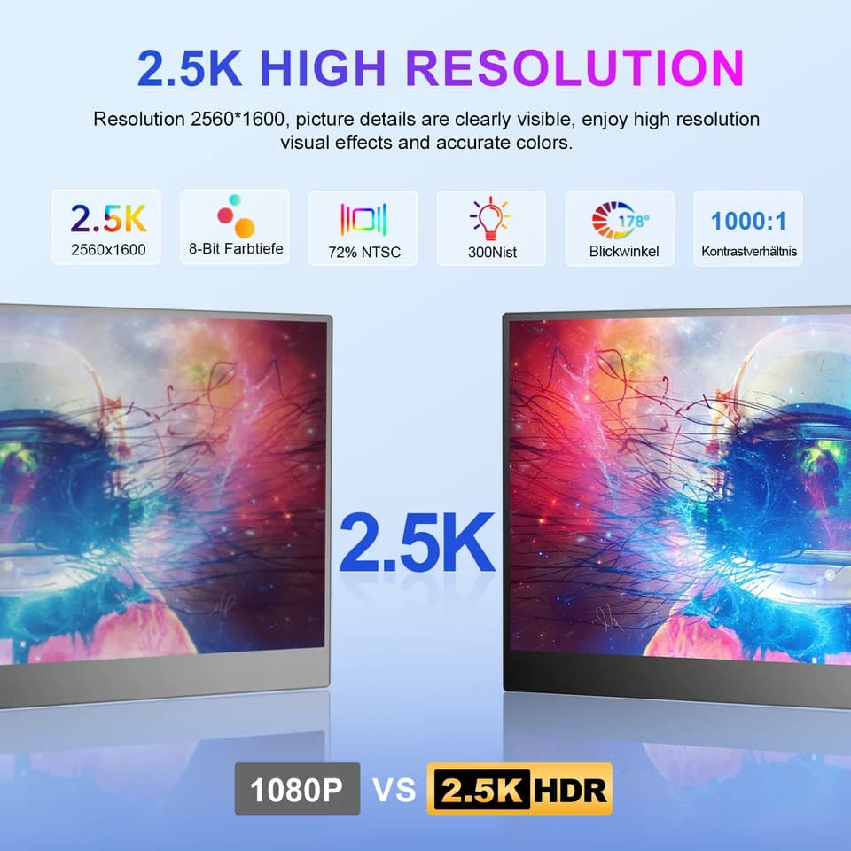 Portable Monitor 13.3" 2.5K | 2560x1600 External Display | Type-C HDMI for Gaming - Thumbnail 3