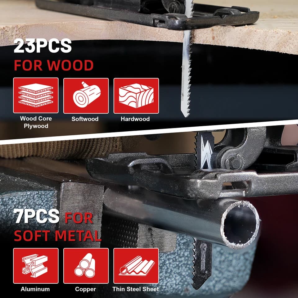 EZARC 30pc Jigsaw Blades Set | T-Shank for Wood, Plastic & Metal | Cutting Compound Ready - Thumbnail 5