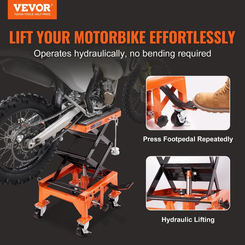 Motorcycle Scissor Jack Lift | 350 lbs Capacity | Wide Deck & Wheels - Thumbnail 3
