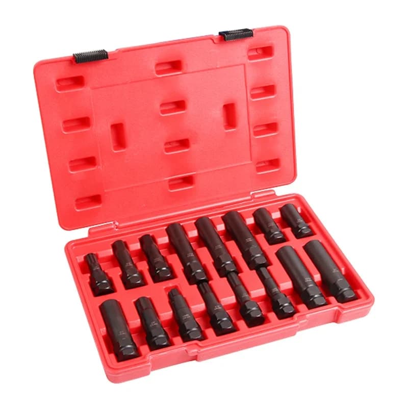 16-piece car wheel locking lug nut master set with lock key removal tools for securing and removing wheel lug nuts.