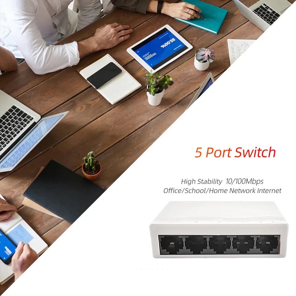 5-Port Network Switch | 10/100Mbps Ethernet Splitter | Desktop RJ45 Hub - Thumbnail 5