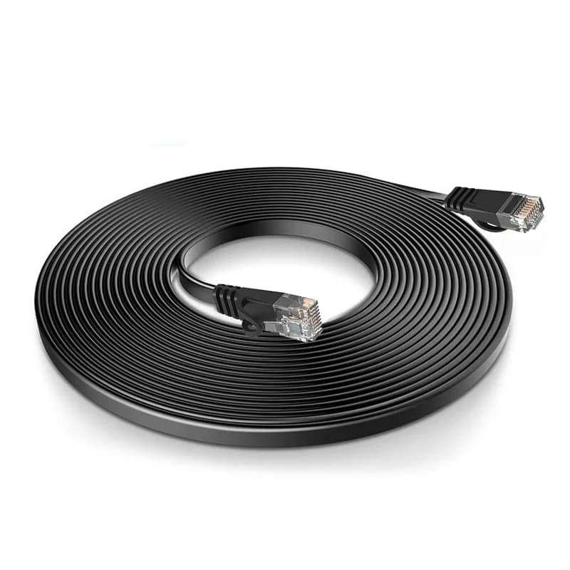 Single black flat ethernet cable coiled on a white background.