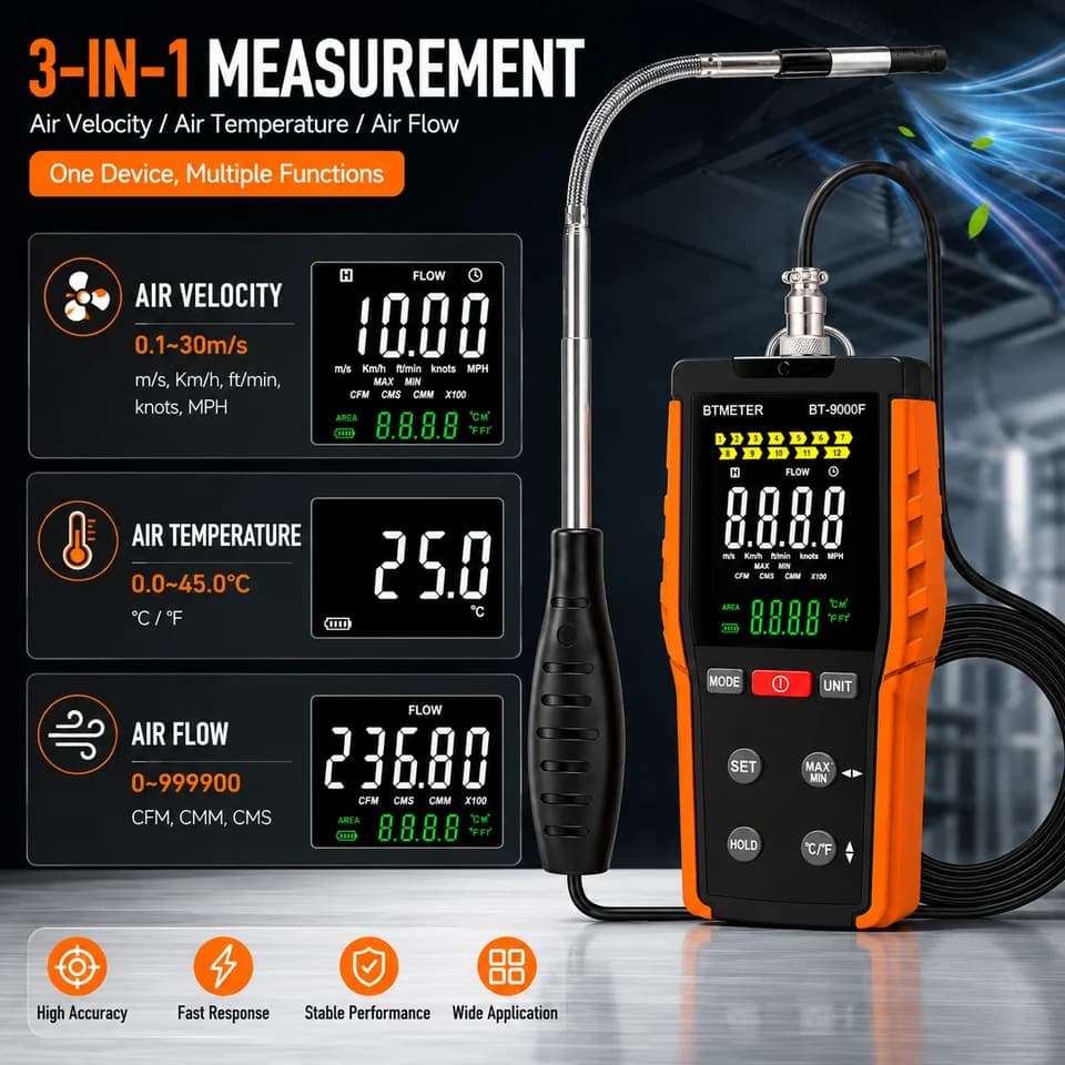 BTMETER 9000F Anemometer | Telescopic Probe Air Flow Meter | HVAC Wind Speed Tester - Thumbnail 3