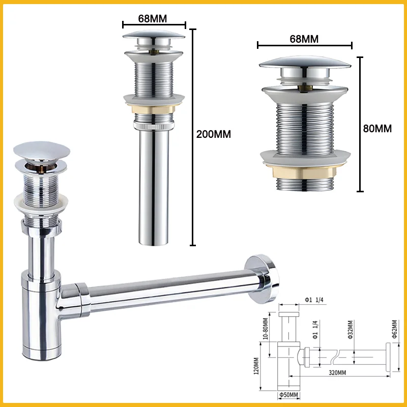 Solid Brass Bottle Trap Waste | Push-Open Basin Stopper | Round Bathroom Drain - Thumbnail 4
