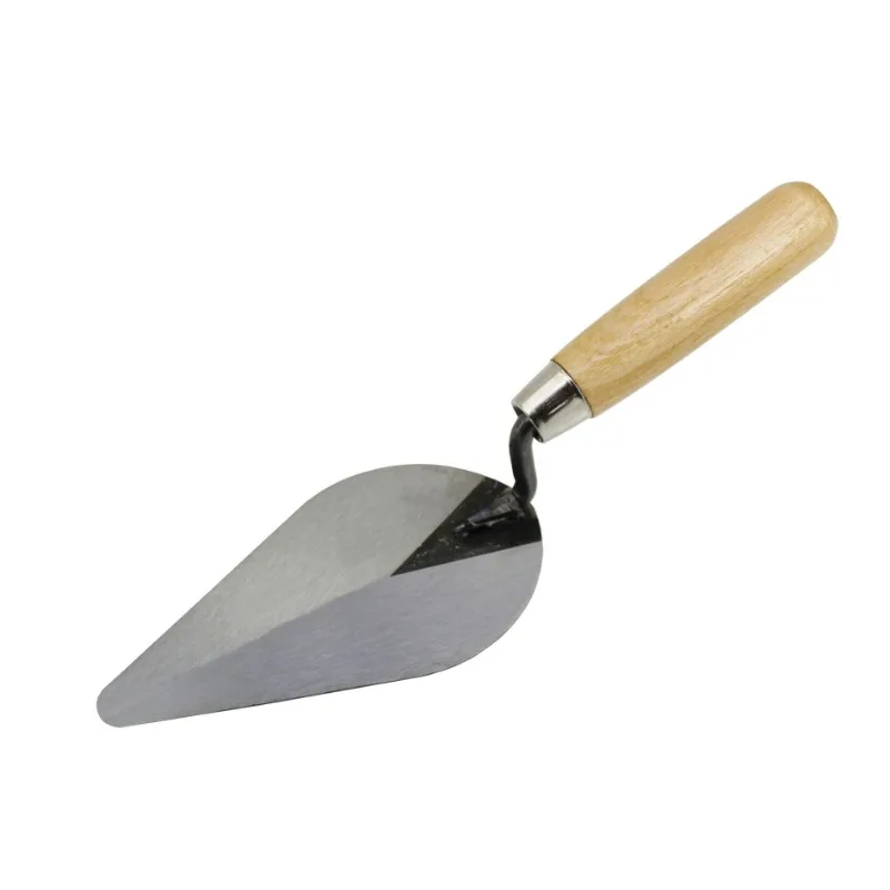 Carbon steel trowel for concrete, mortar, and paving bricks, a durable hand tool for driveway and garden DIY projects.