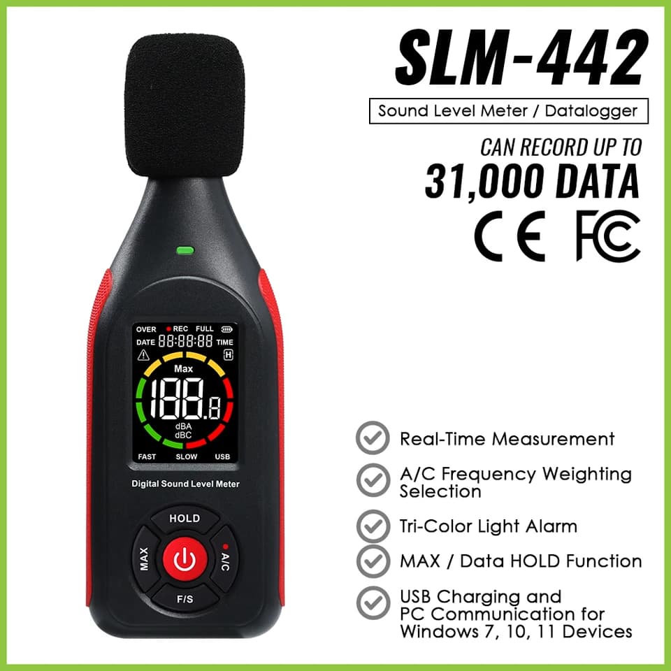 Decibel Meter | 31,000 Data Record & Hi/Lo Alarm | A/C Weighted, Colour Display - Thumbnail 2