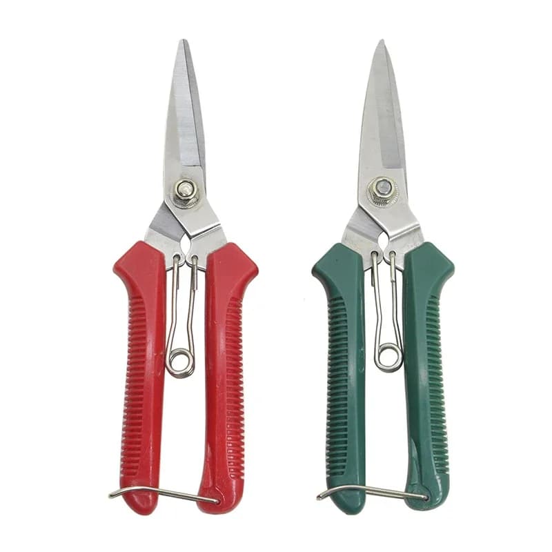 190mm stainless steel straight head pruning shears with non-slip handles, ideal for bonsai trimming and home garden use.