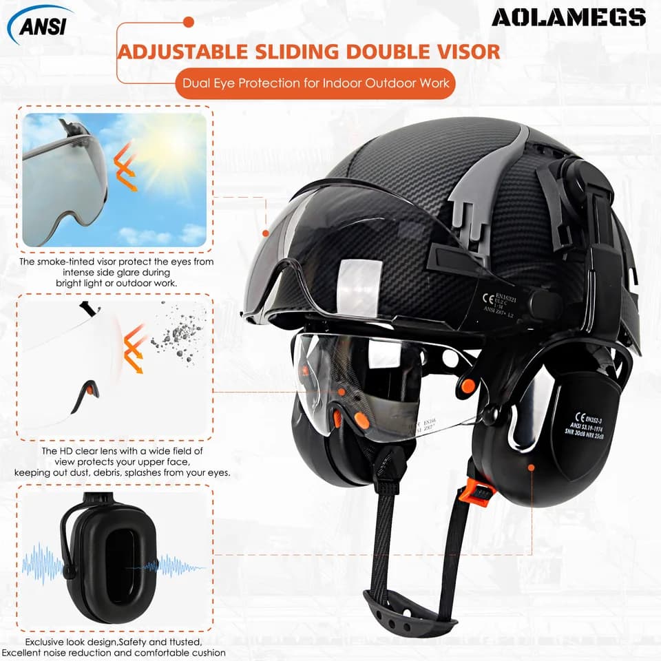 Safety Construction Helmet | Carbon Fibre, Vented | Goggles & Earmuffs - Thumbnail 4