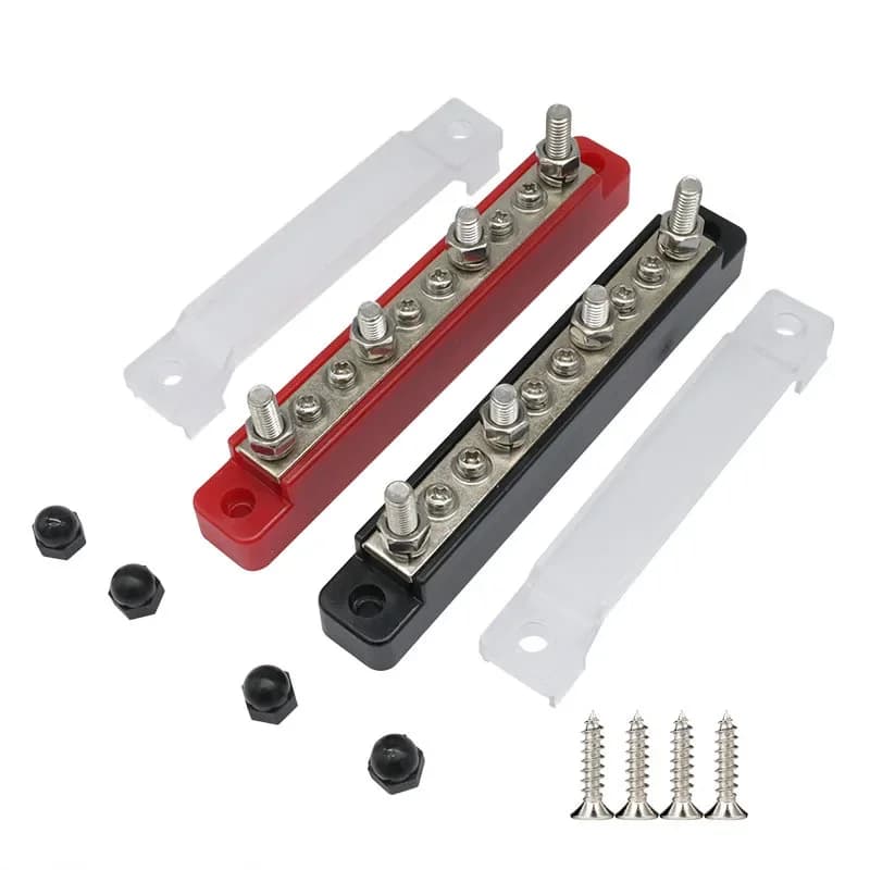 10 way bus bar terminal block for 12V to 48V power distribution, featuring a protective blue cover and included heat shrink tubing for secure connections.
