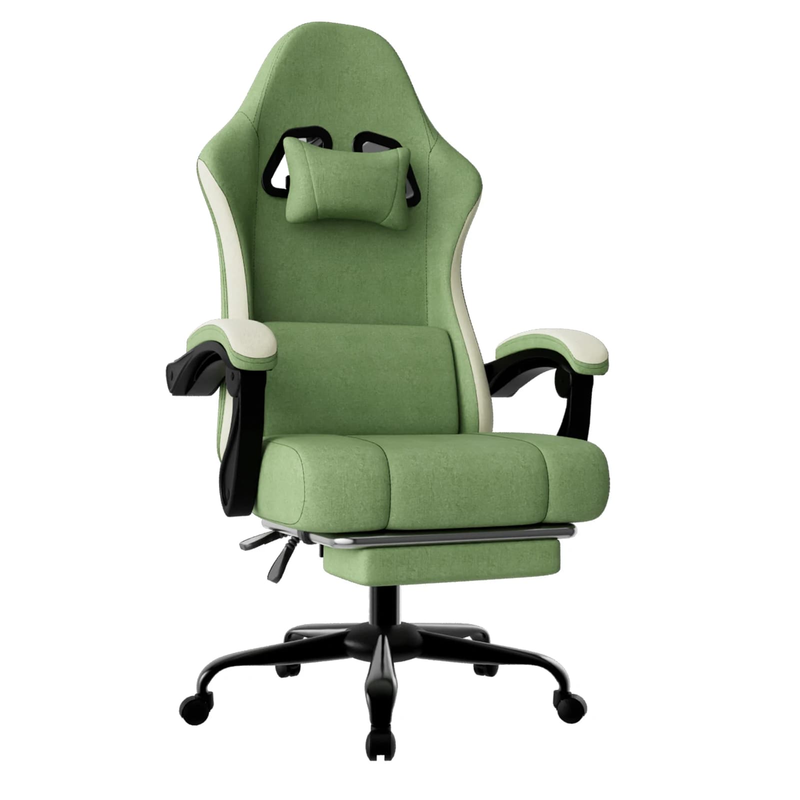 Ergonomic gaming chair with pocketed spring cushion and breathable fabric, featuring adjustable lumbar support and included footrest.
