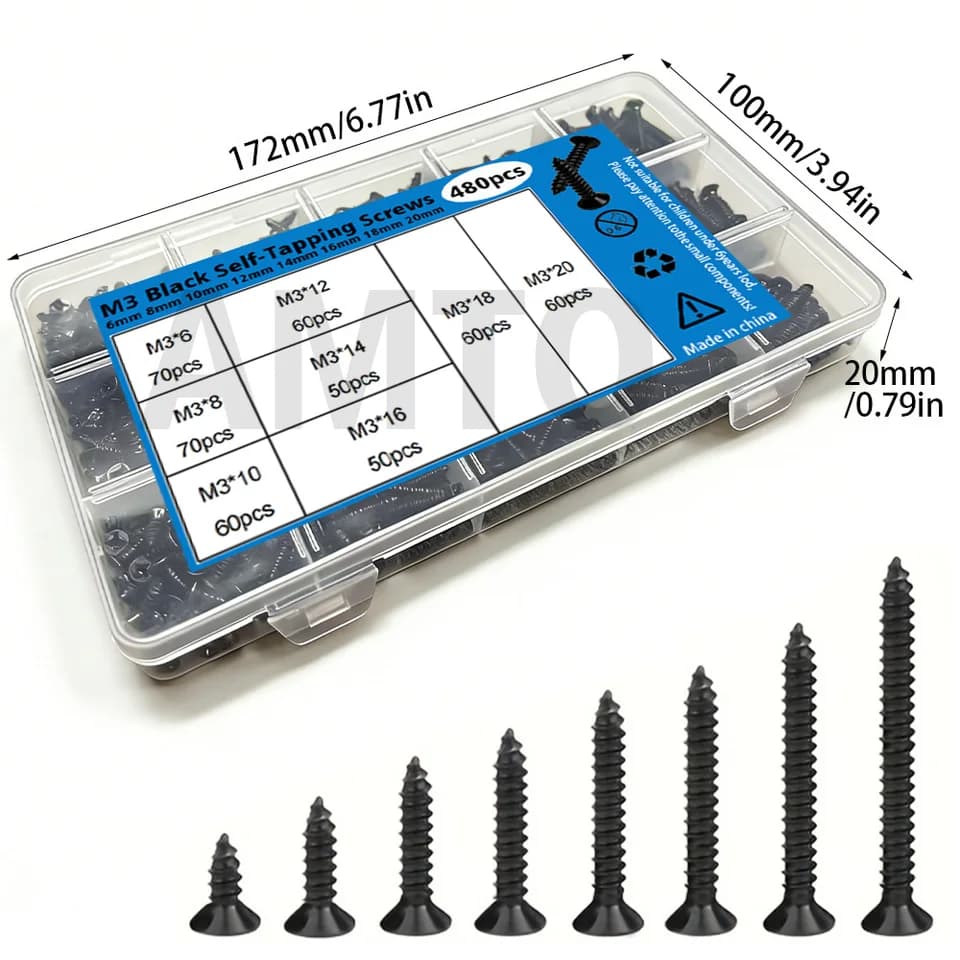 Self Tapping Screws Assortment Kit | 480 Black Wood Screws | 6-20mm Sizes - Thumbnail 2