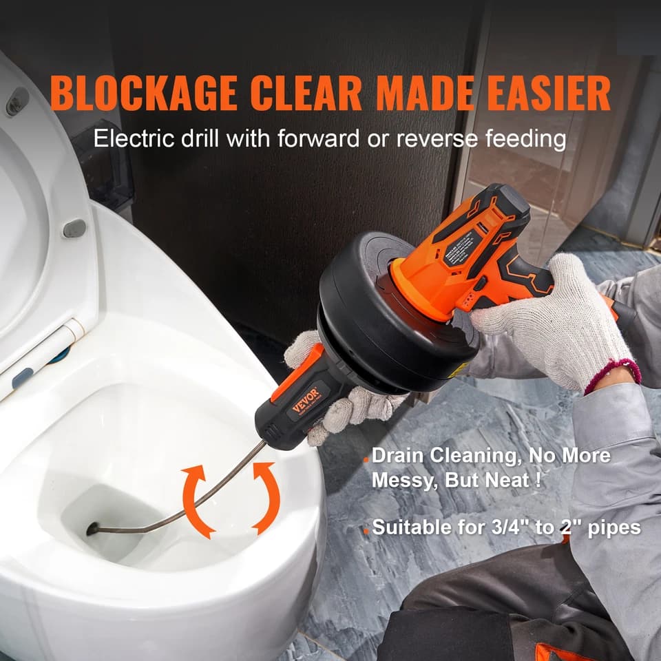 12V Cordless Drain Snake | 25ft Auto-Feed Plumbing Auger | Clog Remover 2.0Ah - Thumbnail 5