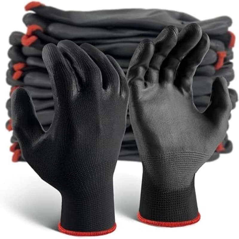 Black PU coating work gloves with anti-slip grip, ideal for gardening, machinery, and automotive repair. Durable nylon construction in 6, 12, or 18 piece sets.