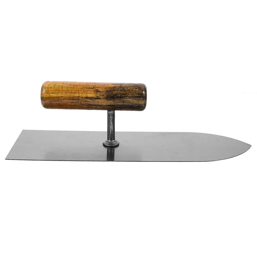 Stainless steel mud trowel for drywall finishing, featuring a flexible blade and ergonomic handle for smoothing plasterboard and lightweight concrete.