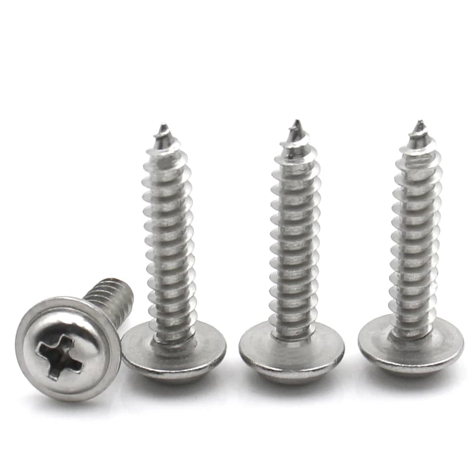 Stainless 304 Steel Phillips Pan Head Self Tapping Screw: four silver screws, one lying, three upright on white.
