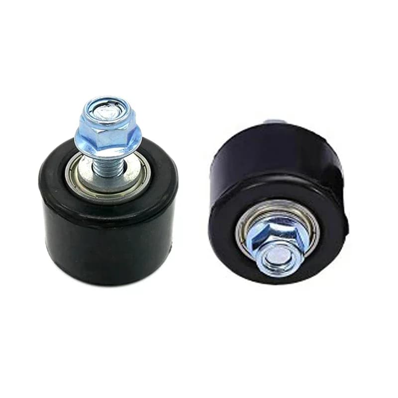 Motorcycle chain tensioner roller guide with 8mm pulley wheel, slider, bolt, and gasket for YFZ 350 and similar models.