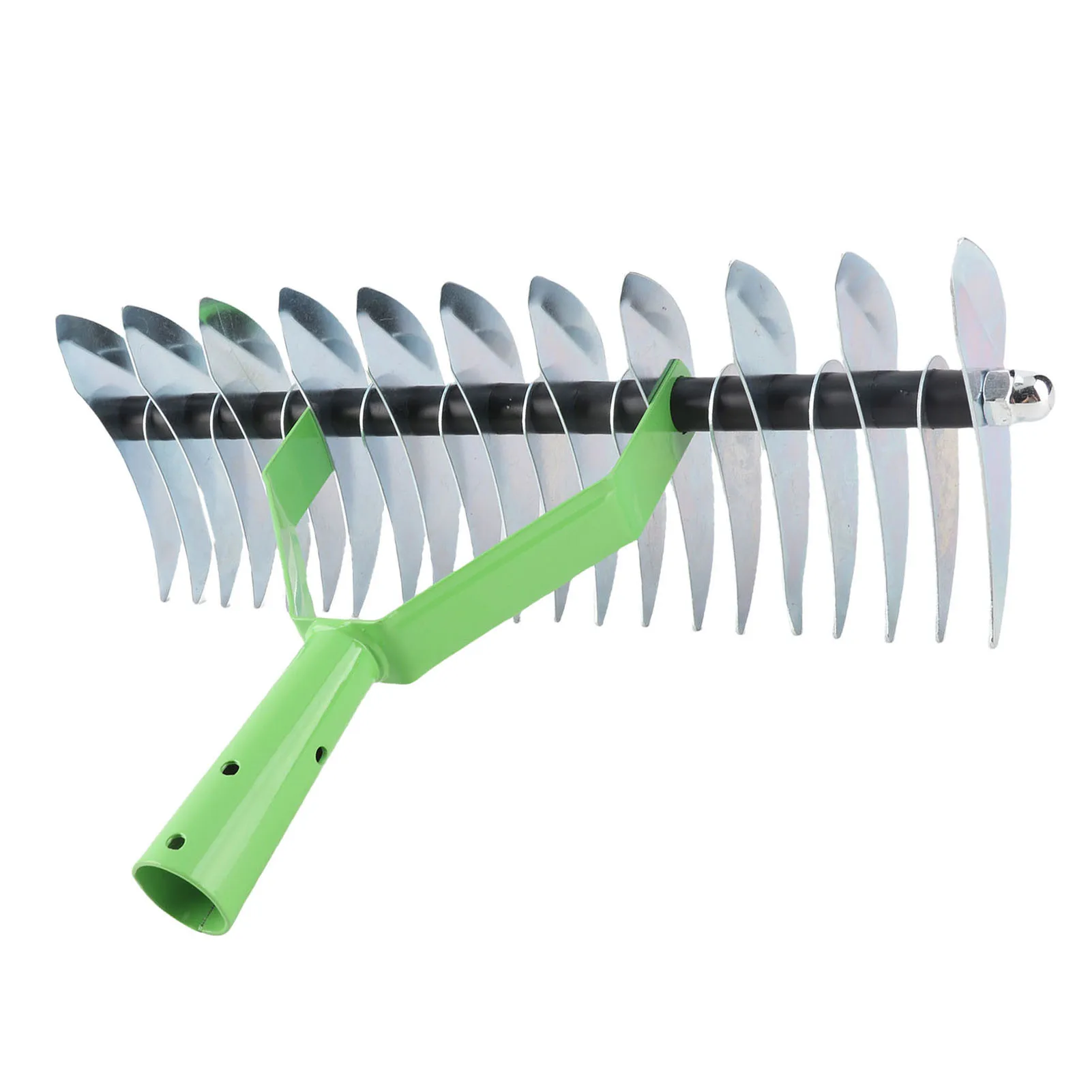 Stainless steel thatch rake with curved tip teeth for raking leaves and dethatching lawns. Durable garden supply tool for lawn care.