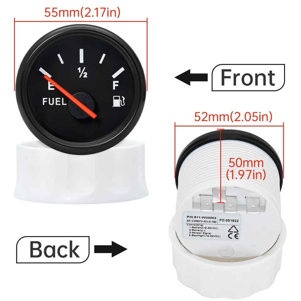 52mm Fuel Pressure Gauge Companion | Red Backlight Pointer | 12V/24V Marine - Thumbnail 2