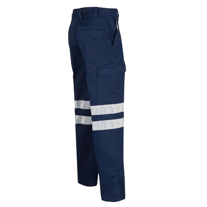 Hi vis trousers, single navy blue pair with reflective stripes on white background.