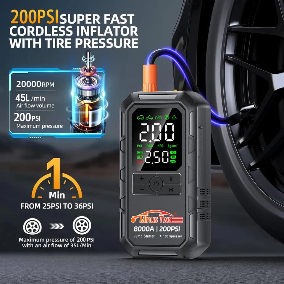 Jump Starter with 150PSI Air Compressor | Digital Tyre Inflator | Car Battery Charger - Thumbnail 4