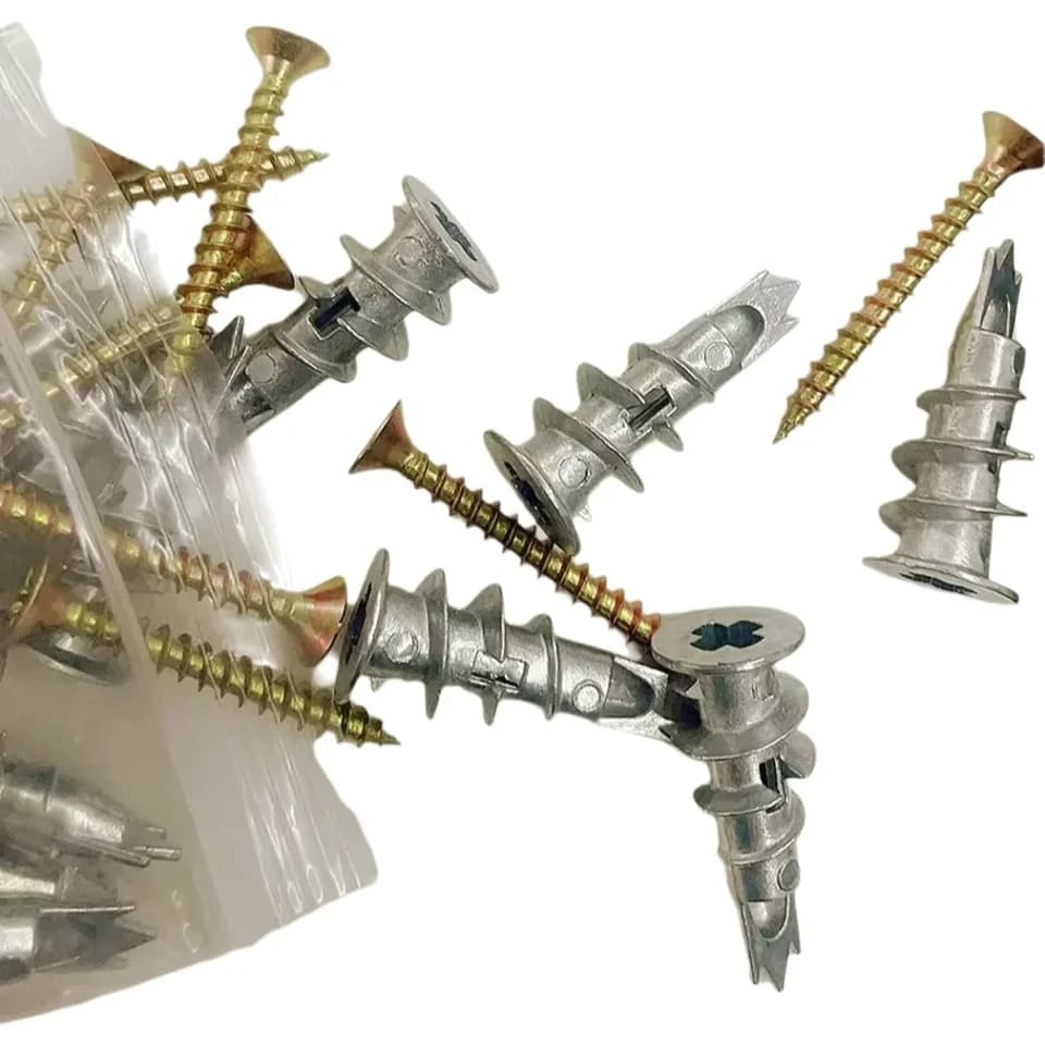 Plasterboard fixings: drywall anchors and screws, some in a clear plastic bag.