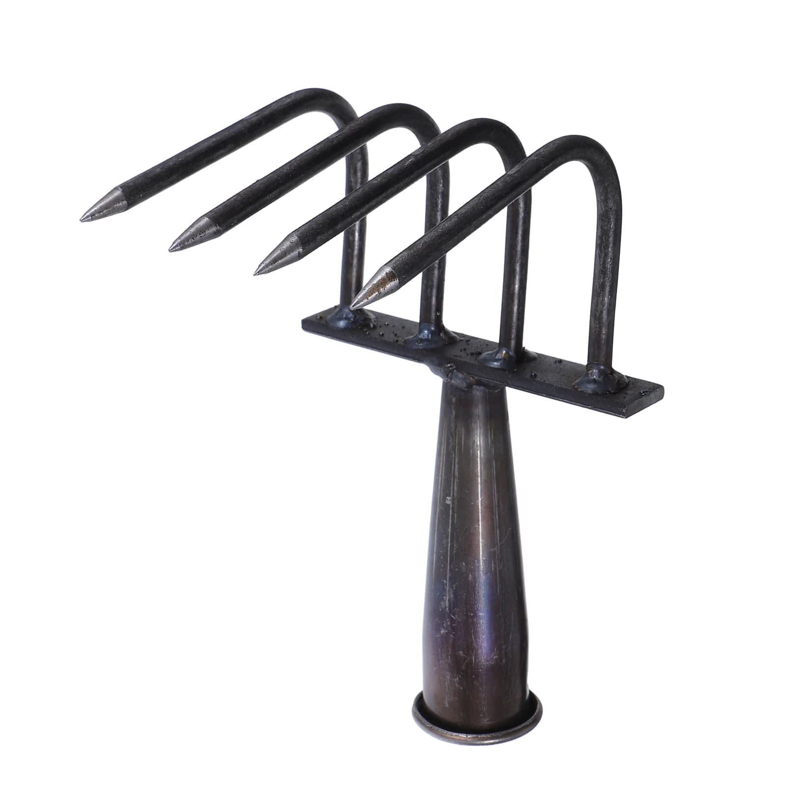 Heavy-duty 4-tine garden rake made of durable manganese steel with an ergonomic handle. Ideal for soil loosening, leaf removal, and tough yard tasks.