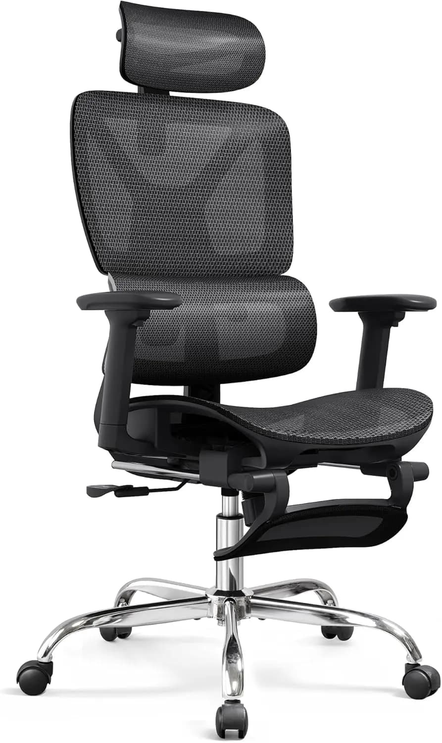 Heavy-duty high-back reclining mesh office chair with built-in footrest, lumbar support, and swivel base for comfortable computing.