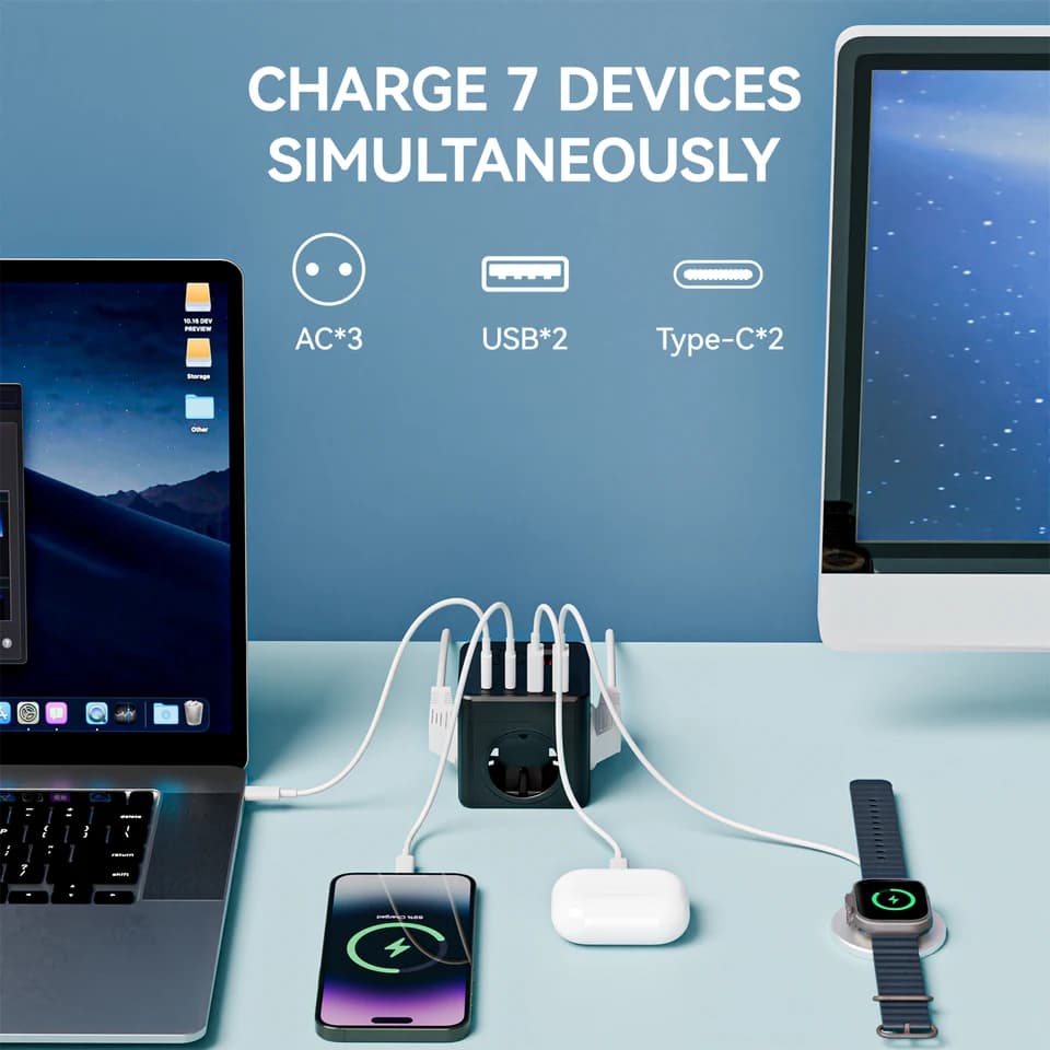 7-in-1 Power Extension Lead | Surge Protected 3 AC 3 USB 1 Type-C | 1.5m Timed Desktop Charging - Thumbnail 5