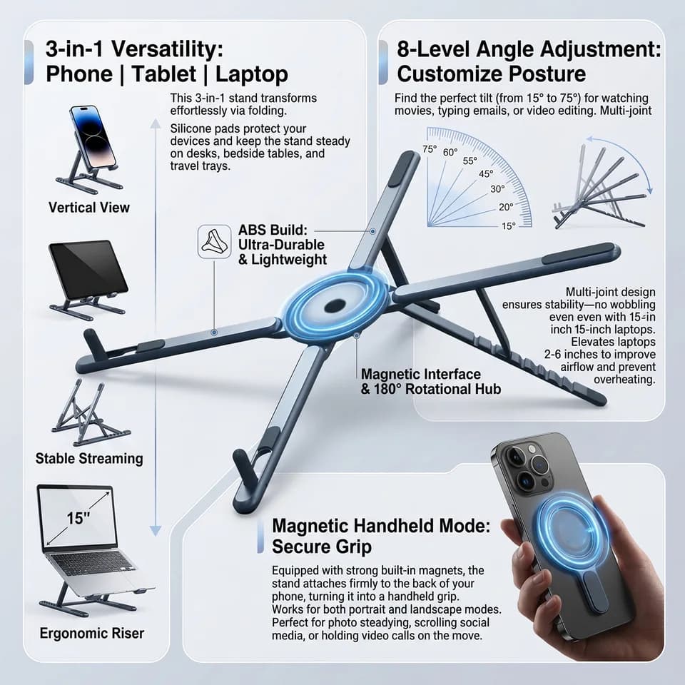 Foldable Laptop Stand | Magnetic & Adjustable | Phone/Tablet Holder - Thumbnail 2