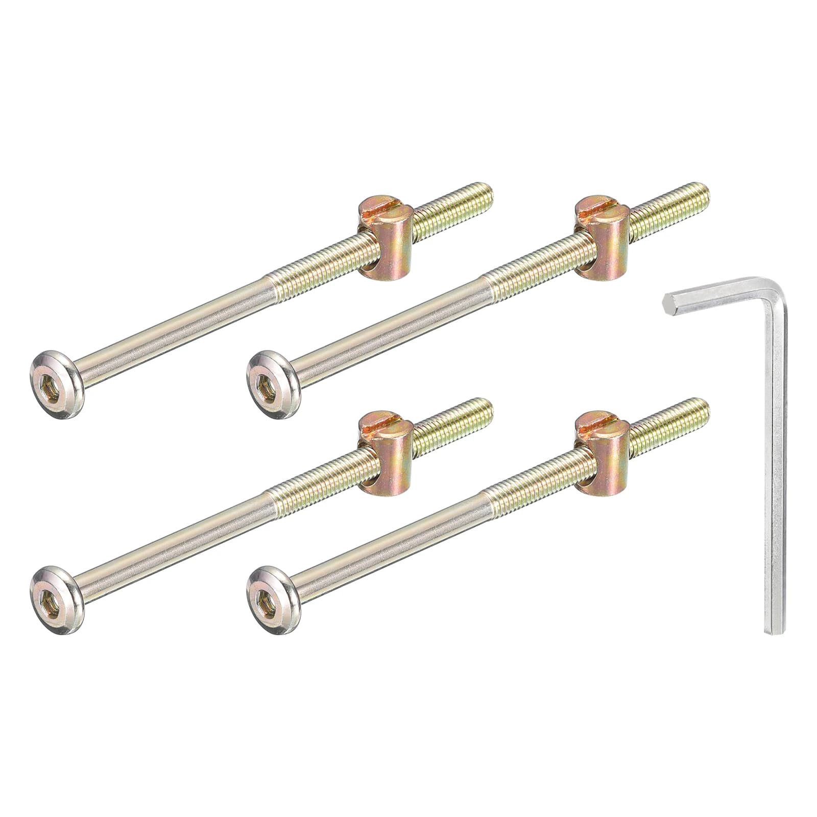 Hex socket head barrel nuts for furniture assembly, sizes M6x80-120mm, includes wrench for chair, cot, and baby bed construction applications.