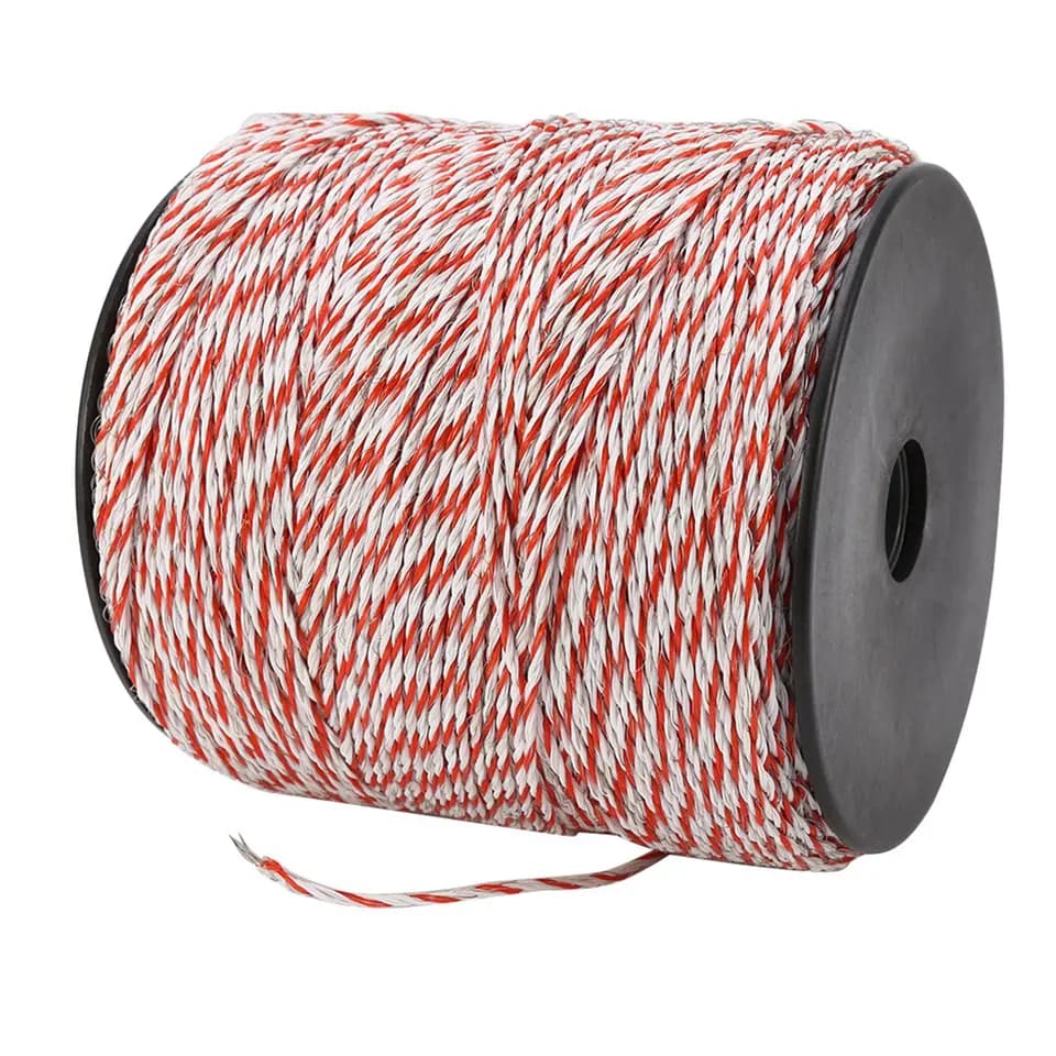 Electric Wire Fence: Single red and white twine spool on white background.