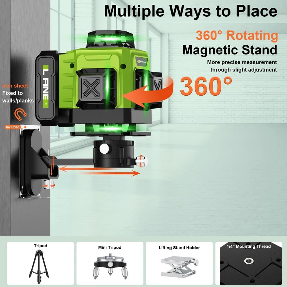 16-Line Green Laser Level | Self-Levelling Cross-Line | Rechargeable for Site Use - Thumbnail 5