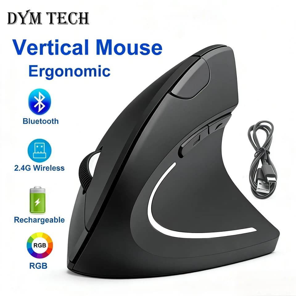 Ergonomic Mouse Dual Mode Wireless | 2.4G Bluetooth RGB 1600 DPI | Silent for PC Laptop - Thumbnail 2