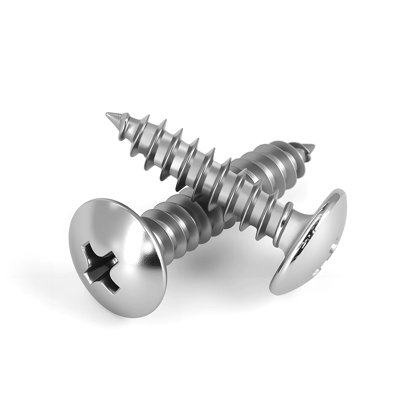 304 stainless steel Phillips recessed truss head self-tapping screws with mushroom-shaped round heads for furniture assembly in M3-M6 sizes.