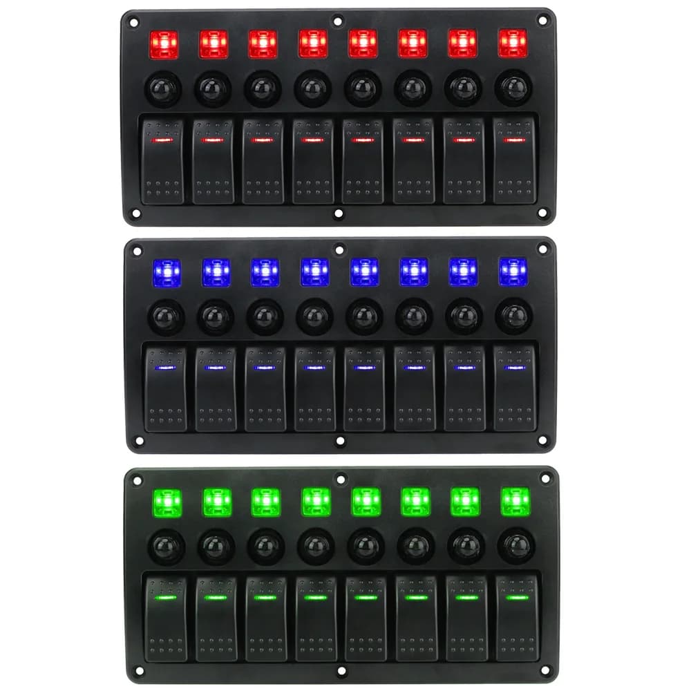 Overload Protection 8 Gang LED Switch Panel for 12V/24V vehicles, featuring waterproof circuit breakers with fuses for trucks, RVs, and marine use.