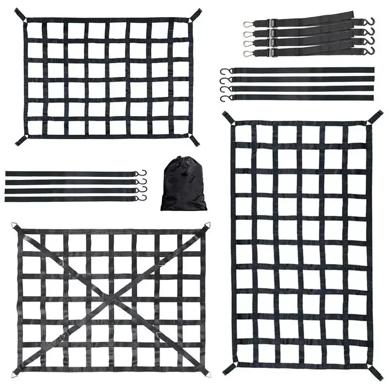 Heavy Duty Cargo Net for Van: A collage of various cargo nets, straps, and a storage bag.