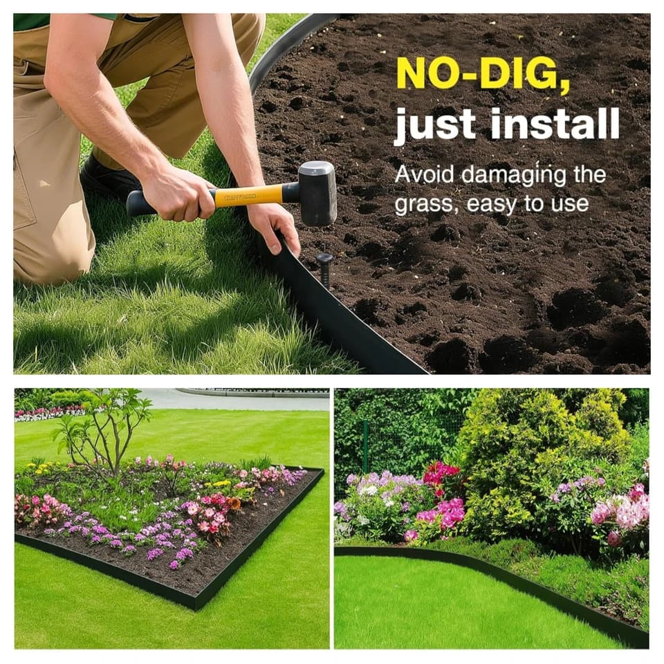 No-Dig Landscape Edging Fence Post Spike Kit | 1.5in Tall Plastic Border | 10m-30m Black - Thumbnail 5