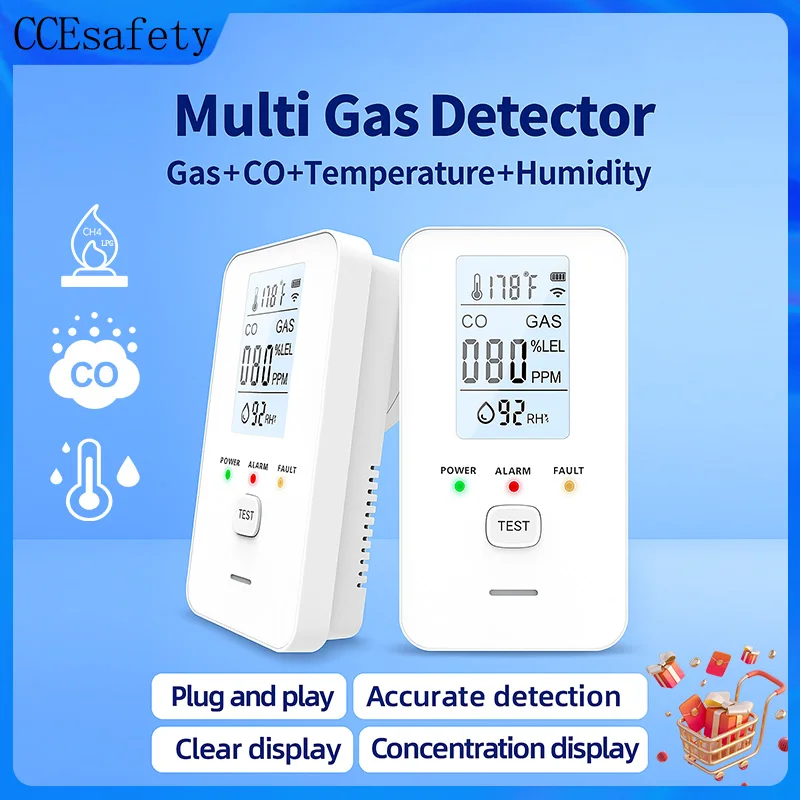 4-in-1 Carbon Monoxide Detector | CO & Natural Gas Alarm | Plug-in Temp & Humidity - Thumbnail 2