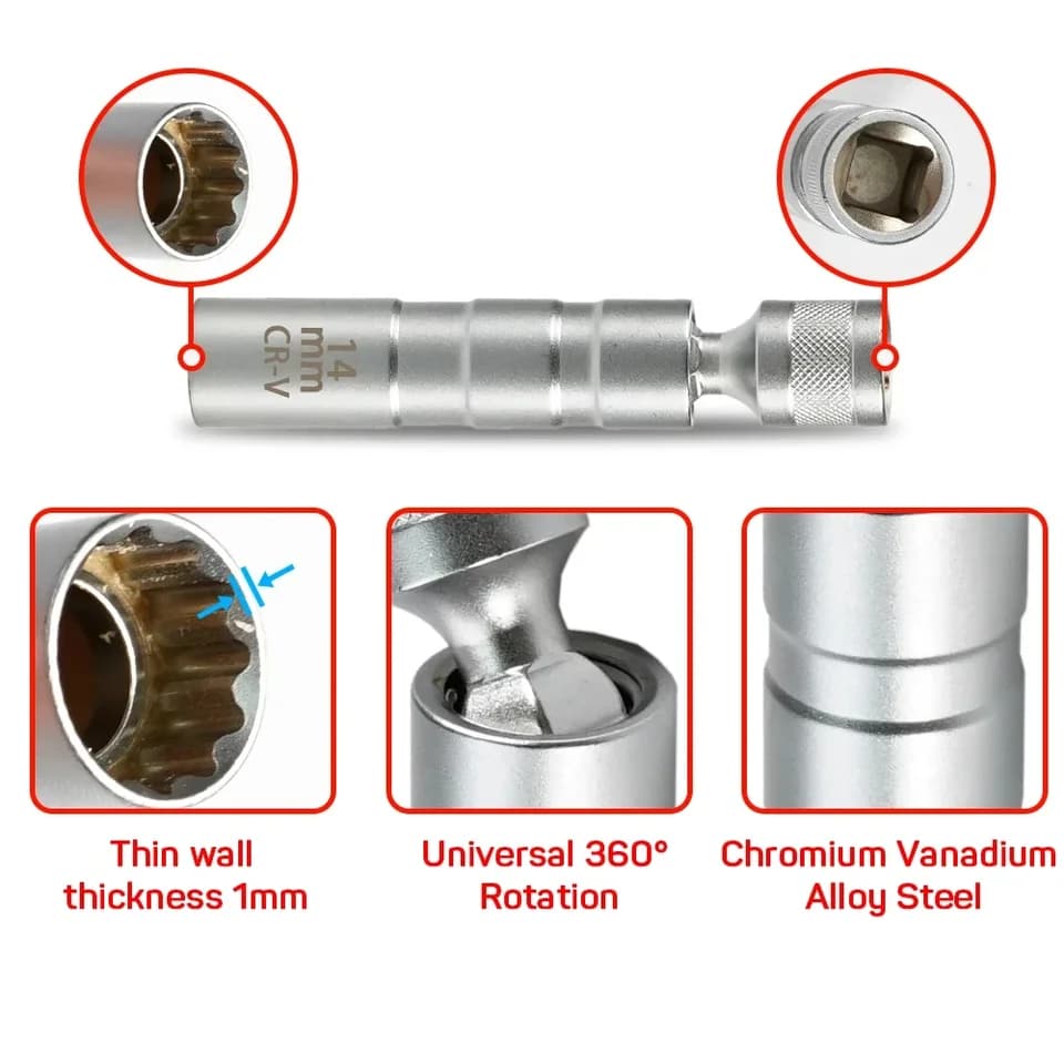 Spark Plug Socket | 16mm Thin Wall 12-Point | Flexible Joint Wrench - Thumbnail 3