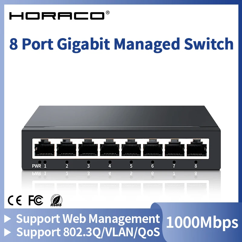 HORACO 8 Port Gigabit Network Switch | Web Managed VLAN/QoS | 1000Mbps Industrial Ethernet - Thumbnail 2