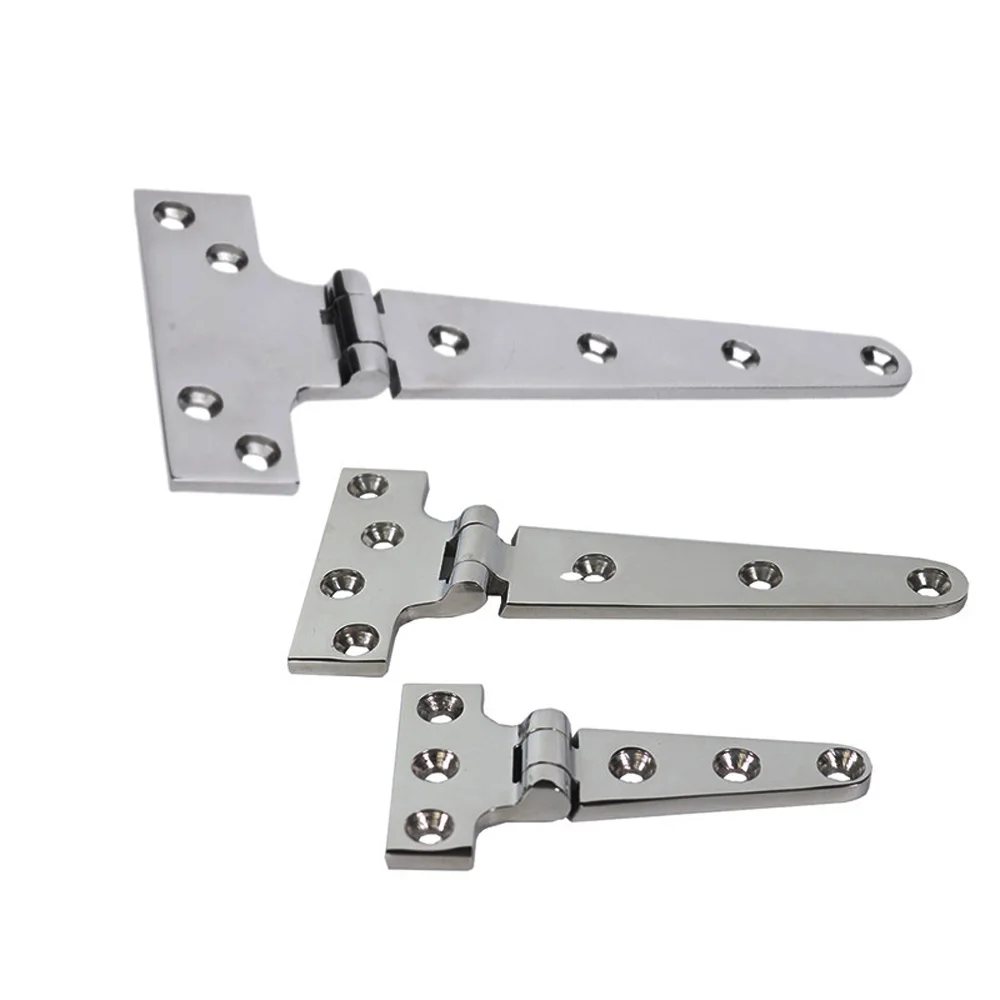 T-shape ship hinge made of 316 stainless steel, designed for shed doors, with corrosion resistance and anti-oxygen properties, suitable for hanging cabinet doors.
