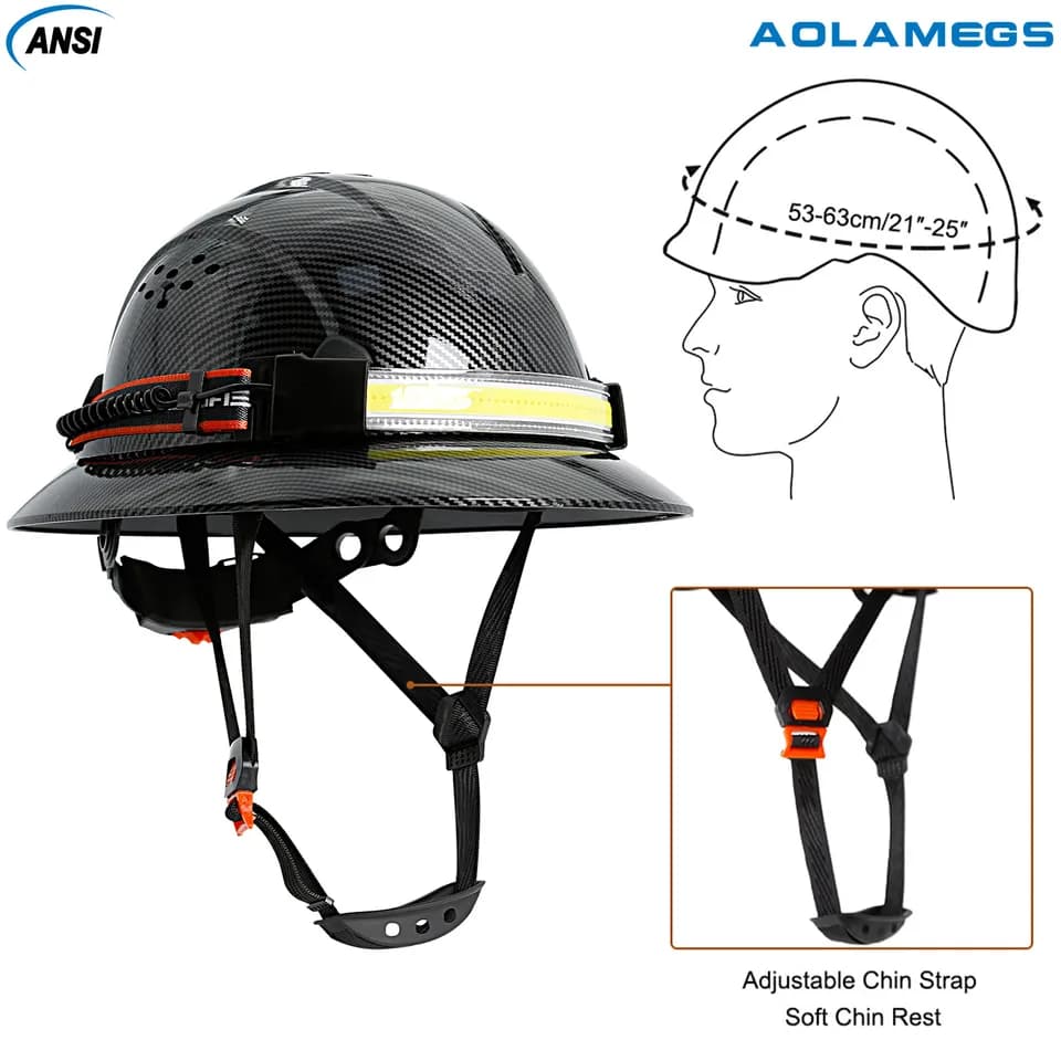 Carbon Fibre Full Brim Hard Hat | Headlamp Included | Anti-Collision Work Safety - Thumbnail 5