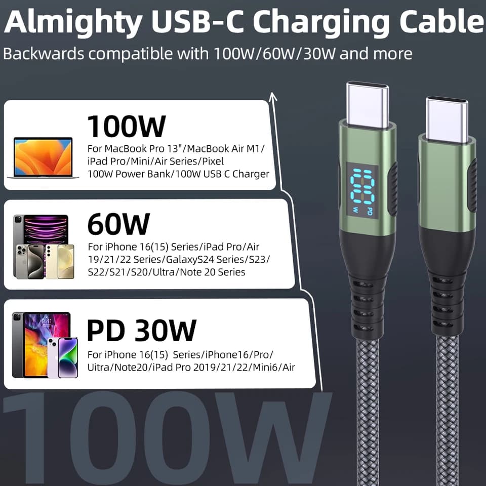 C Cable with Power Display | 100W PD 5A Fast Charge | Nylon Braided - Thumbnail 7